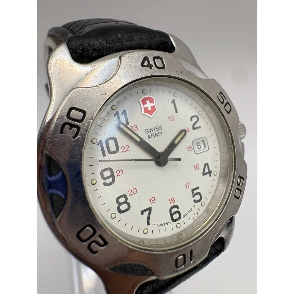 : Vintage Swiss Army Victorinox Watch White Dial Date 38mm Black Leather 330ft